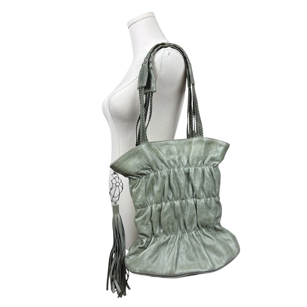 Socoley 2003 Teal Ruched Y2K Top Handle Italian Leather Tote Bag